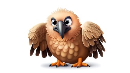 Obraz premium A cute cartoon vulture with big eyes and a fluffy body. It is standing on the ground with its wings spread out.