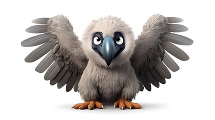 Fototapeta premium A cute and fluffy vulture with big eyes and a friendly expression. It is standing on the ground with its wings spread out.