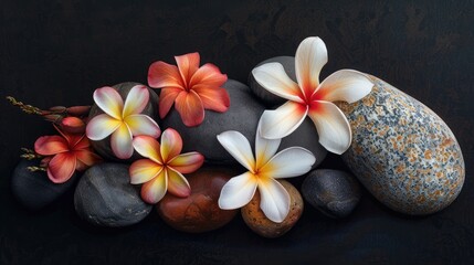 Arrangement of stones and plumeria blossoms