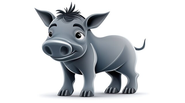 A cute cartoon warthog with a gray body, black hair, and a pink nose.