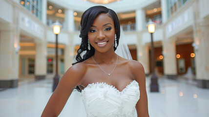 Naklejka premium Bride in a regal, traditional ballgown against a grand, opulent interior backdrop