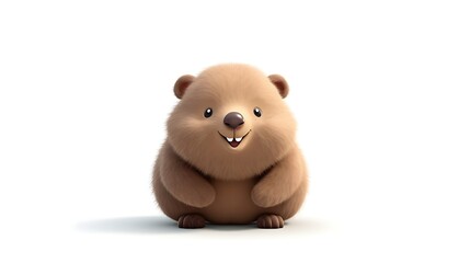 A cute and cuddly wombat, sitting on a white background. The wombat has a big smile on its face and is looking up at the viewer.