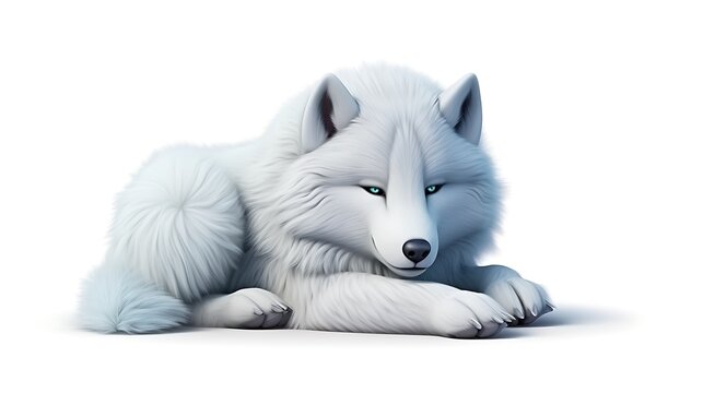 A beautiful white wolf with blue eyes is lying down on a white background. The wolf is looking to the side with a calm expression.