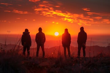 A group of four people standing together watching the sun set on a vibrant horizon, casting a warm, orange glow over the landscape and creating a serene and peaceful scene