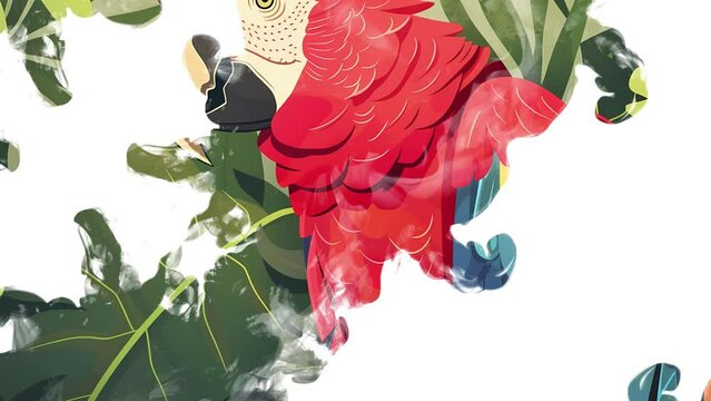 Parrot Ara Illustration in the Jungle with Colourful Scenery for Zoos or Nature Preservaton Projects Ink Drop Animation.