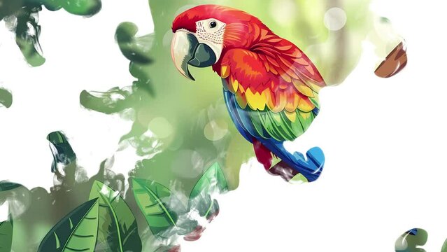Parrot Ara Illustration in the Jungle with Colourful Scenery for Zoos or Nature Preservaton Projects Ink Drop Animation.