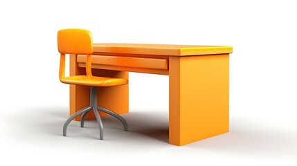 A simple orange desk and chair. The chair is on the left side of the desk. The desk has a drawer on the right side.