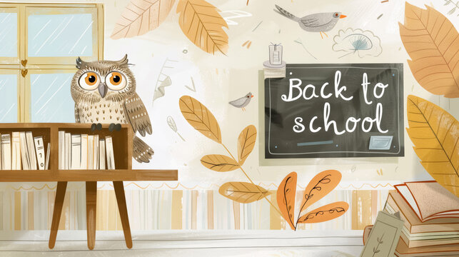Little owl sitting on bookshelf next to blackboard with text Back to school. Education, learning, back to school concept. First day of school, new school year.