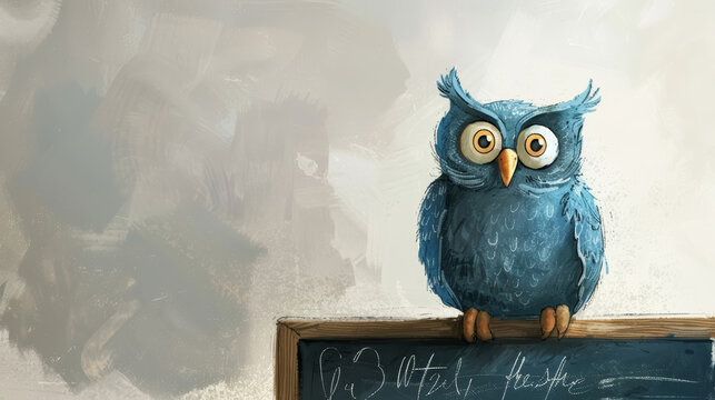 Blue owl teacher sitting on blackboard. Education and learning concept. Back to school, first day of school, new school year.