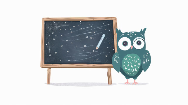 Blue owl teacher standing next to blackboard. Education and learning concept. Back to school, first day of school, new school year.