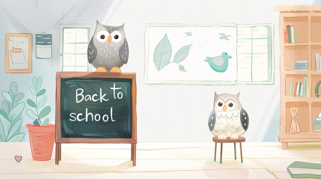 Two owls, a teacher and a student,  in front of class, blackboard with text Back to school. Education, learning, back to school concept. First day of school, new school year.