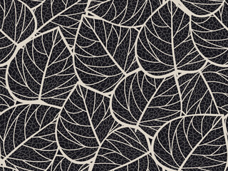 Seamless black and grey floral background with leaves. Hand drawn minimal abstract organic shapes pattern. Vector black abstact pattern with grey leaves.