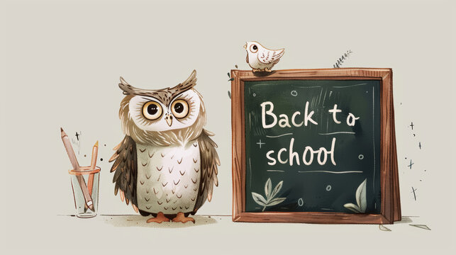 Tabby owl teacher standing in front of class next to blackboard with text Back to school. Education, back to school concept. First day of school, new school year.