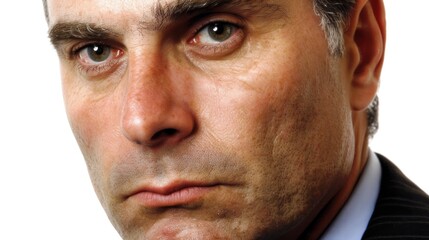 Obraz premium Close-up portrait of a serious individual with a focused expression, showing intricate skin texture and reflecting deep emotion and determination