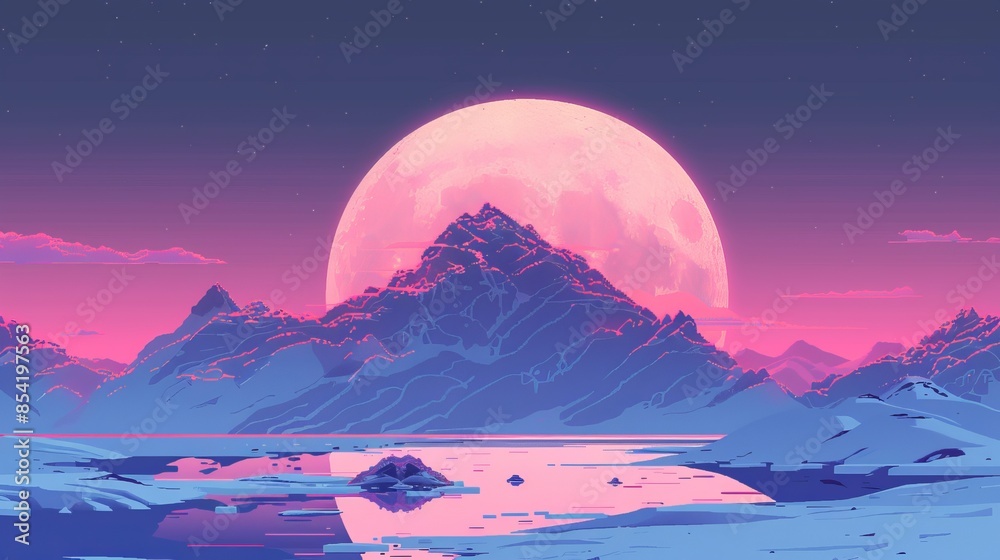 Sticker a beautiful mountain range with a large pink moon in the sky