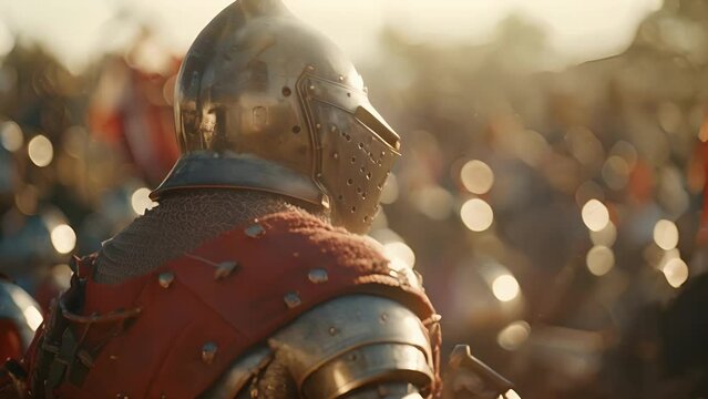 Obscured view of knights jousting at a medieval reenactment event.
