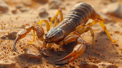A close-up image of a scorpion on a sandy terrain, showcasing the detailed textures of its exoskeleton and pincers, with a blurred background creating depth and focus on the scorpion itself