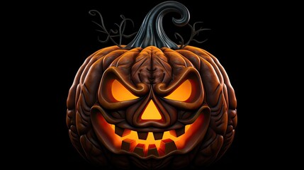 Fototapeta premium This is a 3D rendering of a Halloween pumpkin. The pumpkin has a realistic texture and is lit by a candle inside.