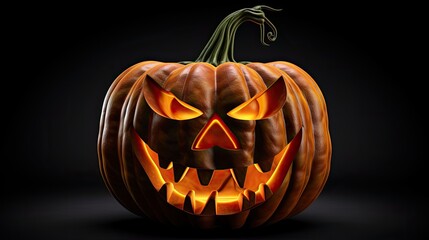 This is a 3D rendering of a jack-o-lantern. It has a carved face with a smile and two teeth. It's lit by a candle inside.