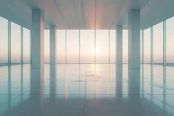 Empty spacious room with large windows and polished floor at sunset, concept of modern architecture and versatile space for events