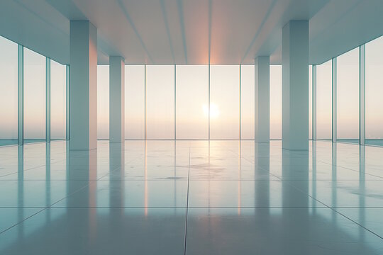Empty spacious room with large windows and polished floor at sunset, concept of modern architecture and versatile space for events
