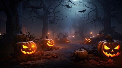 This is a dark and spooky forest. The trees are bare, and the only light comes from the moon and the jack-o'-lanterns.