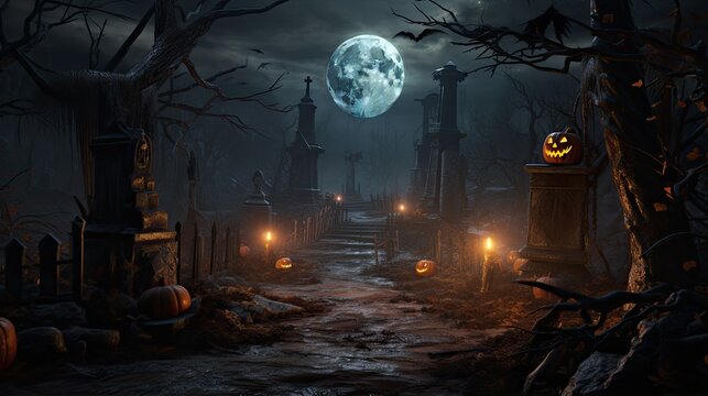 A dark and eerie cemetery at night. The full moon shines down on the tombstones and pumpkins, casting long shadows.
