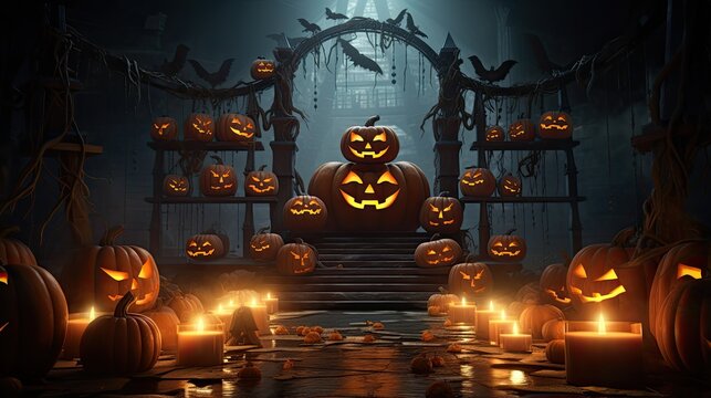 This is a creepy, atmospheric image of a Halloween-themed room. The room is dark and shadowy, with a single light source coming from aç‡­å…‰.