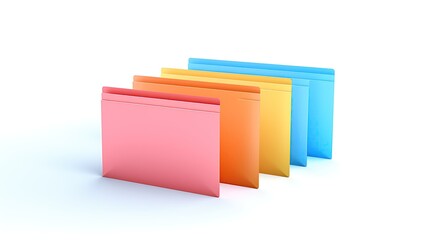 A neat row of color file folders against a white background. The folders are pink, orange, yellow, and blue.