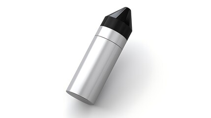 3D rendering of a metallic cylinder with a black cap. The cylinder is lying on a white surface. The object is illuminated by a soft light.