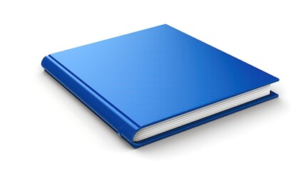 A thick blue book with white pages. The book is closed and the spine is facing the viewer. The book is sitting on a white surface.