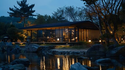 Obraz premium Modern glass house beautifully illuminated at dusk, surrounded by serene nature with reflections in the tranquil pond enhancing its architectural elegance and peaceful ambiance