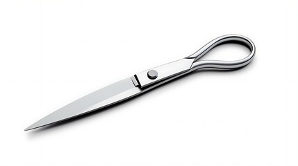 A pair of silver scissors with a single hole for a finger. The scissors are lying flat on a white surface. The blades are closed.