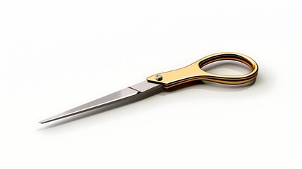 Obraz premium A gold and silver scissor on a white background. The scissor is open with the blades facing upwards.