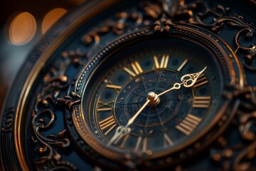 Obraz premium A close-up detail of an intricately designed ornate clock with vintage Roman numerals and decorative elements, showcasing the artistry of antique timepieces