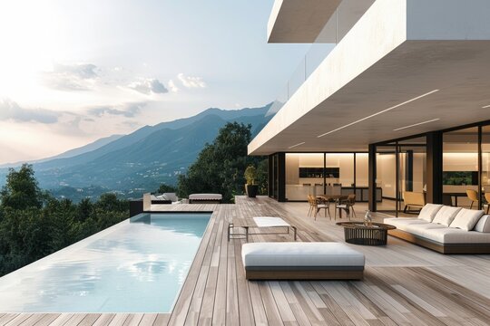 From chic loungers to elegant dining sets, the patio furniture ensemble is carefully curated to provide both style and comfort, ensuring that every moment spent by the pool is a pleasurable experience