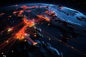 Fototapeta premium Intricate Web of Fiber Optic Cables Transmitting Data Signals