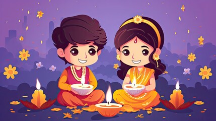 This is a cute illustration of two children, a boy and a girl, celebrating Diwali.