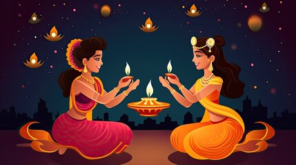 Two beautiful Indian women in traditional clothing are lighting oil lamps. The women are sitting on a rooftop in front of a city skyline.