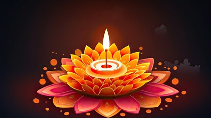 A beautiful glowing candle inside a lotus flower. The lotus flower is made of pink and orange petals. The candle is lit and has a bright yellow flame.