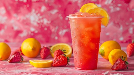 A refreshing strawberry lemonade drink served cold in a plastic cup with ice and lemon slices, surrounded by fresh strawberries and lemons on a vibrant pink background