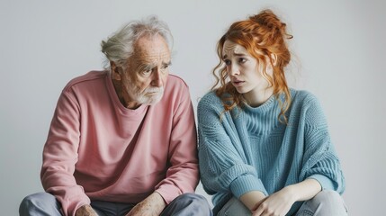 Thoughtful moments between an elderly man and a young woman in cozy sweaters. Studio portrait photography capturing generational connection and deep conversation. Styled in soft light