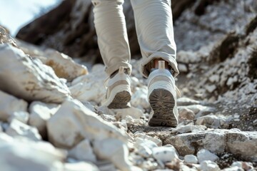 close up of legs in light sneakers, sports shoes. Climb uphill, walk on rocks. Journey,