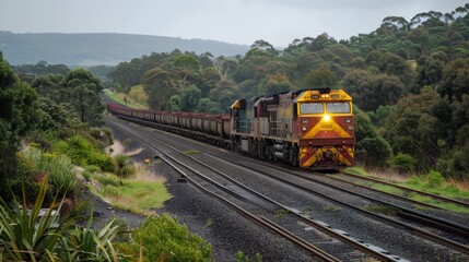 Fototapeta premium A powerful freight train navigates through a lush, scenic landscape with multiple railway tracks amidst dense greenery and rolling hills