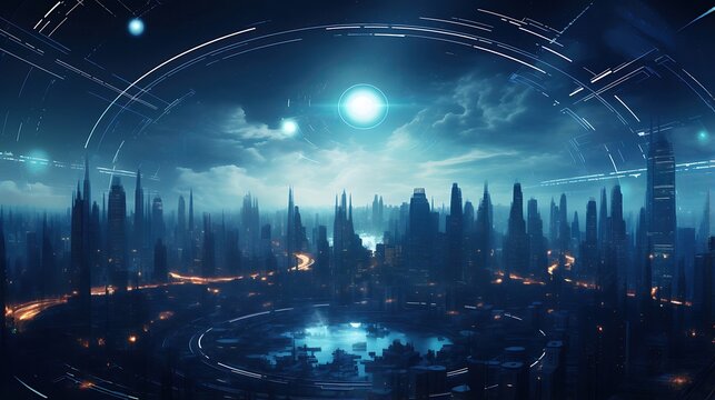 The image is a digital painting of a futuristic city at night.