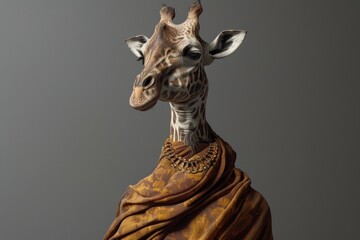 A giraffe, adorned in a luxurious brown shawl and a gleaming gold necklace, gazes thoughtfully into the distance