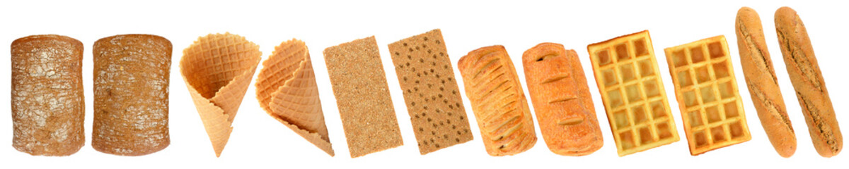 Collection freshly baked bread products isolated on white