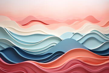 Fototapeta premium colorful paper cut art style background, fantasy landscape with waves and sea in the foreground.