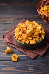 Fresh chanterelles in a green ceramic bowl on a dark wooden background. Wild mushrooms