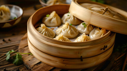 Chinese steamed dumplings in bamboo steamer on wooden table